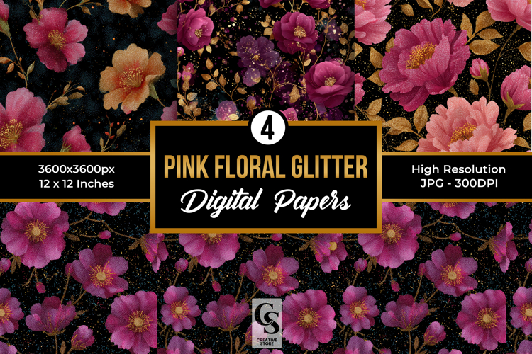 Pink Glitter Flowers Digital Papers