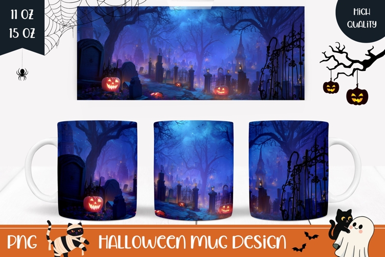 Spooky Halloween Mug Design, Halloween Graveyard Mug PNG