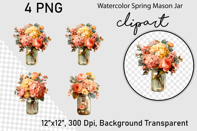 Watercolor Spring Mason Jar Clipart