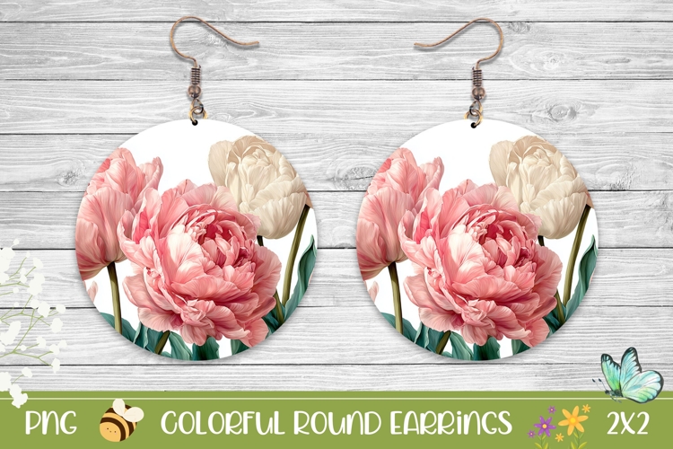 Pink Peony Round Earrings, Flowers Earrings PNG
