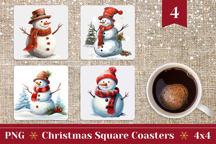 Christmas Square Coaster Design, Snowman Coffee Mug Coasters