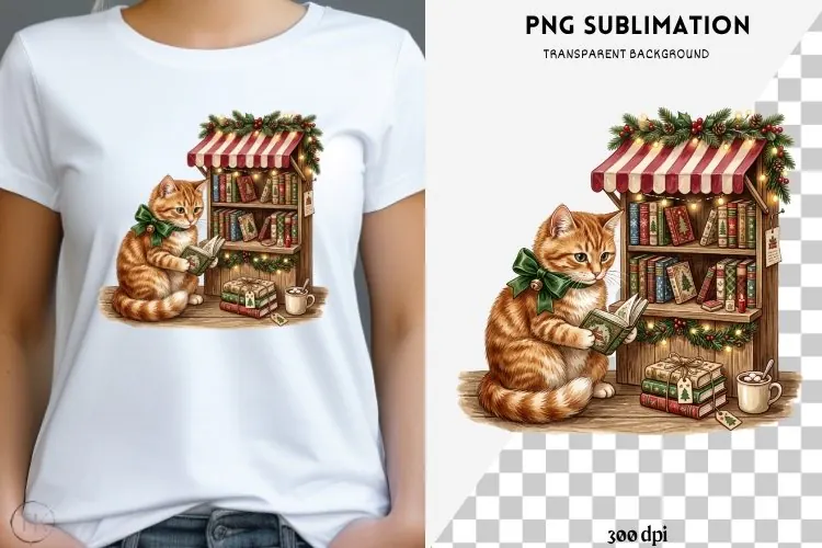Christmas bookish cat png design for T-shirts