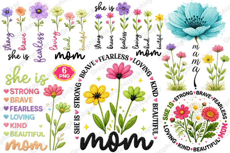 Mothers Day PNG, Faux Yarn She is Mom PNG, Boho Mama Floral