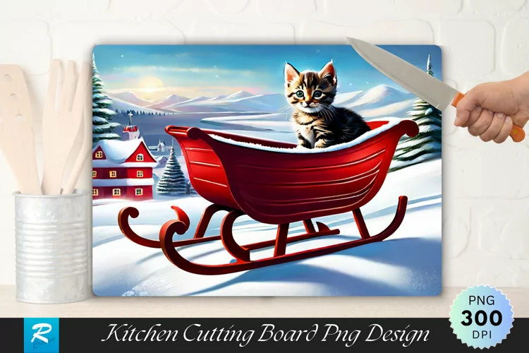 Tabby Kitten in a Sleigh Cutting Board Sublimation Design