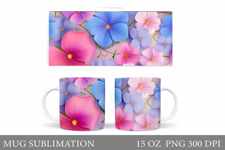 3D Flowers Mug Wrap Design. Flowers Mug Wrap Template
