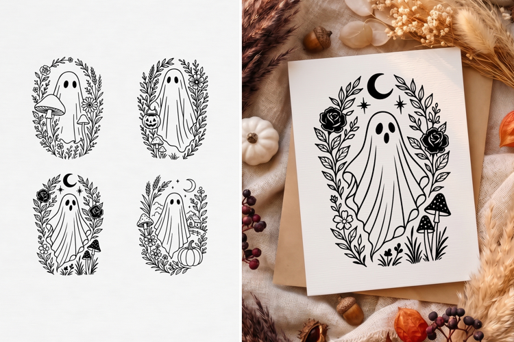 Cottagecore Ghost SVG, Floral Halloween Clipart, Line Art