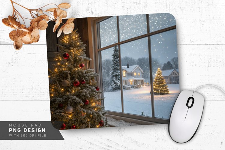 Snowy Holiday Scene with Decorated Tree Mouse Pad PNG