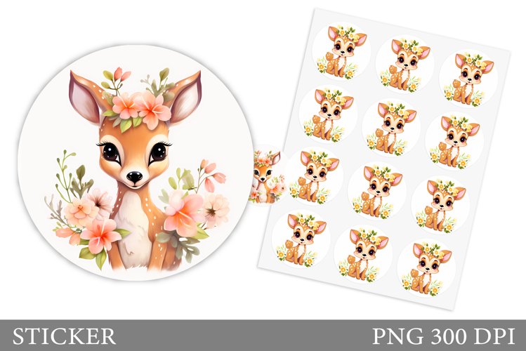 Cute Deer Sticker Design. Deer Flowers Sticker Template example image 1