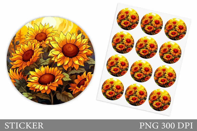 Sunflowers Sticker Design. Floral Round Sticker Template