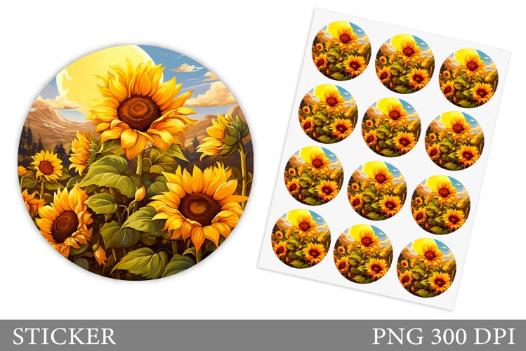 Sunflowers Sticker Design. Round Sticker Flowers