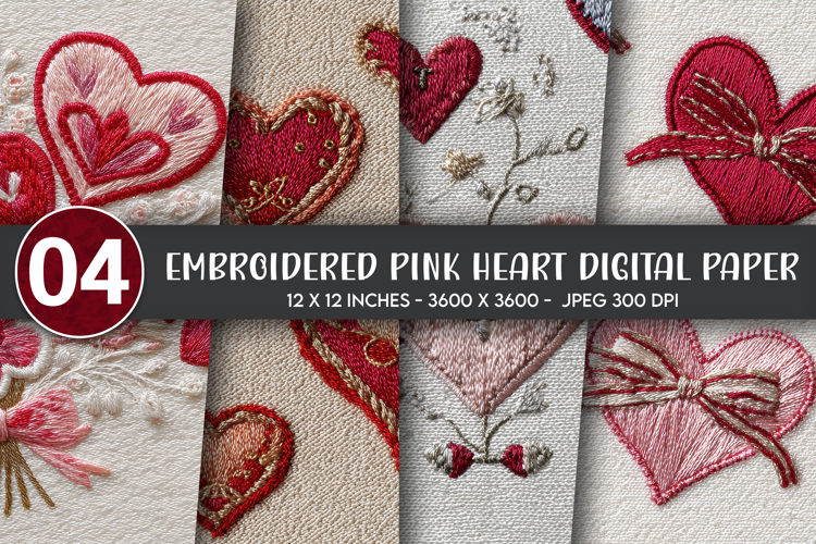 Embroidered Pink Heart Digital Paper