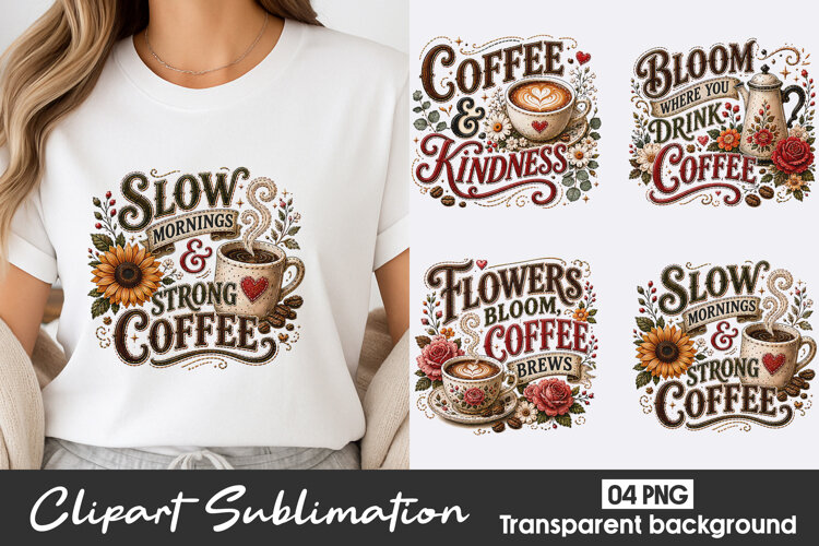 Coffee Lover Vintage Floral Clipart Sublimation PNG example image 1