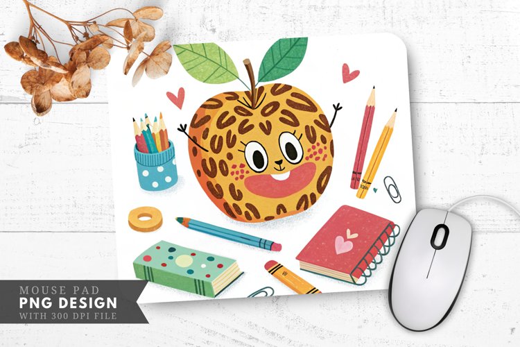 Funky Animal Print Apple with School Supplies Mouse Pad PNG