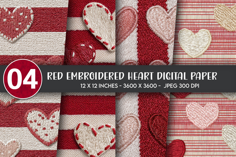 Red Embroidered Heart Digital Paper