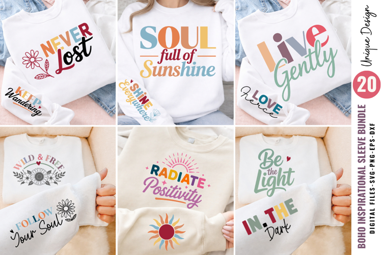 Boho Inspirational Sleeve SVG Bundle, Positive Quotes SVG