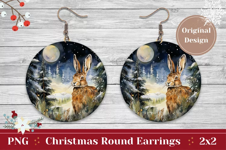 Christmas Earring, Watercolor Winter Hare Sublimation