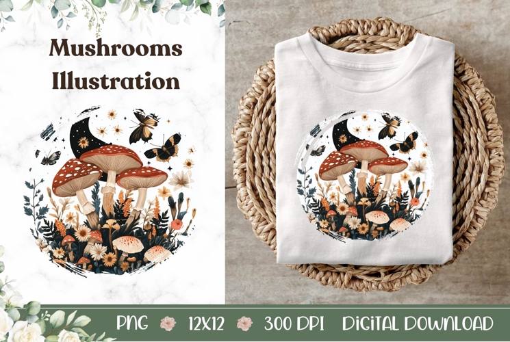 Celestial Mushrooms Illustration, Cartoon Forest PNG