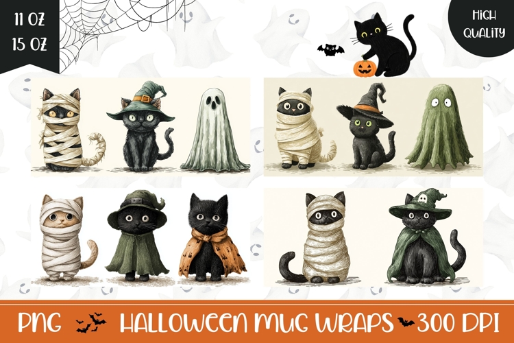 Cartoon Halloween Cats Mug Designs, Halloween Mug Print