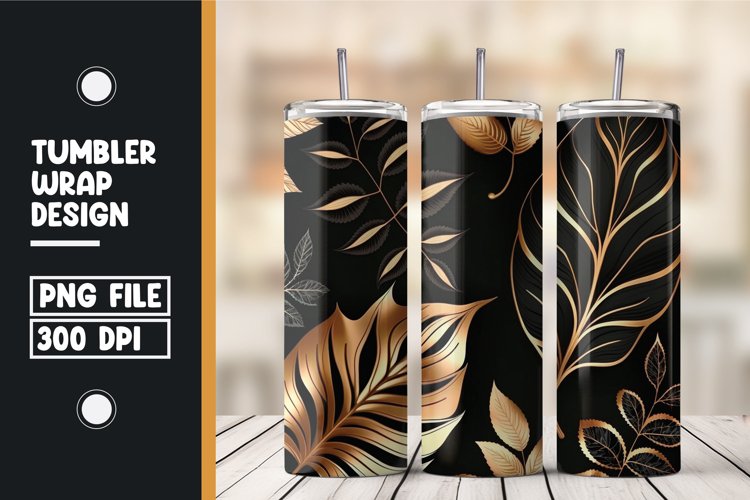 Golden and black 3d leaves tumbler wrap