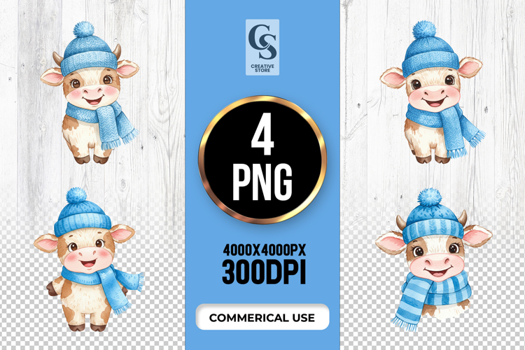 Cute Winter Cow Clipart Sublimation PNG