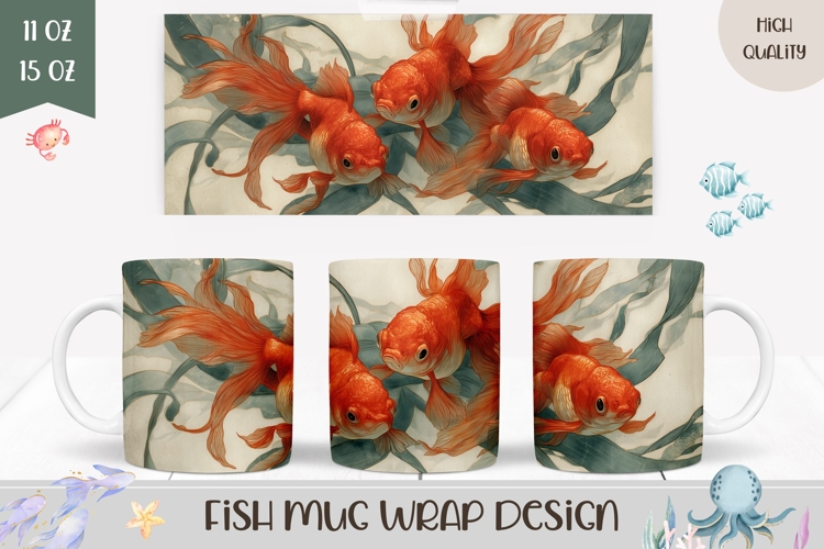 Goldfish Mug Wrap, Sea Mug Design, Ocean Mug PNG