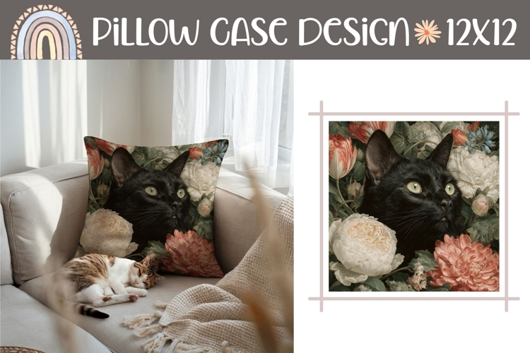 Black Cat Pillow Case, Floral Pillow Design, Cat PNG