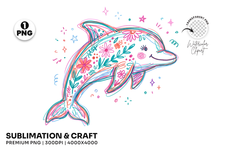 Hand Drawn Summer Floral Dolphin Coastal Clipart PNG