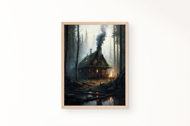 Rustic Cabin in Forest Oil Painting - Printable Wall Art