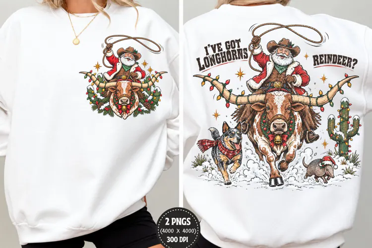 Cowboy Santa Front Back Christmas PNG, Longhorn Christmas Fr