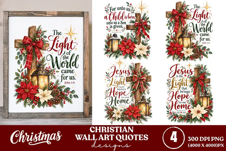 4 Christian Christmas Wall Art PNGs, 4 Bible Verse Christmas