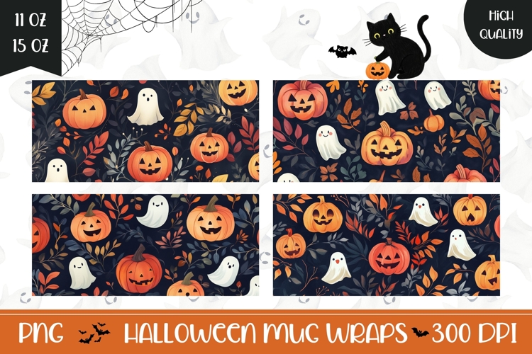 Cartoon Halloween Ghosts Mug Designs, Fall Pumpkins Mug PNG