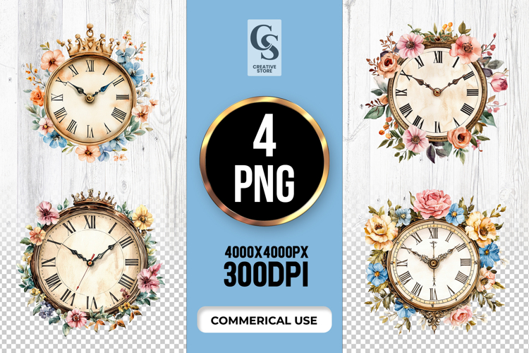 Vintage Floral Clock Clipart Sublimation PNG