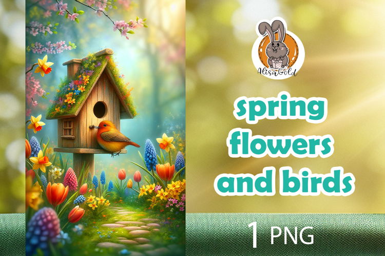 spring flowers, bird, birdhouse