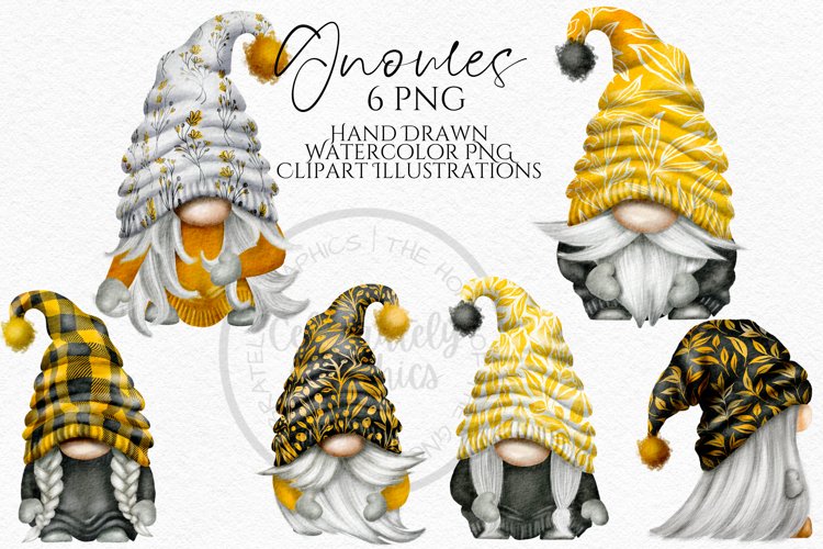 Yellow and Grey Set of 6 Gnomes | Gnome Clipart Png