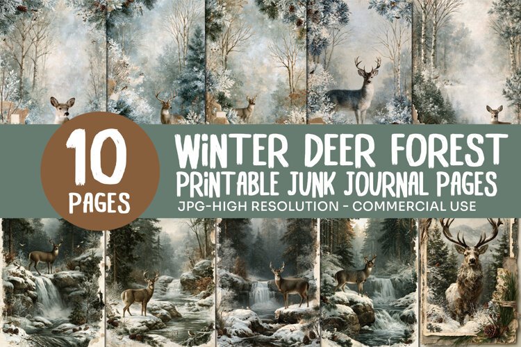 Winter Deer Forest Junk Journal Pages example image 1