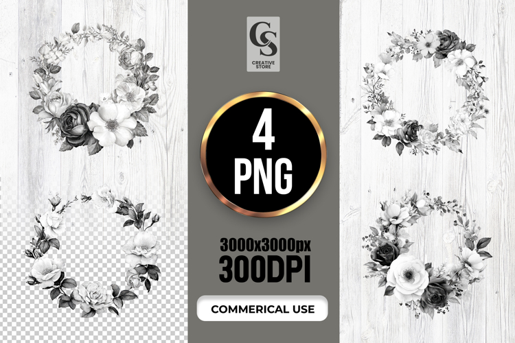 Black White Floral Wreath Clipart Sublimation PNG