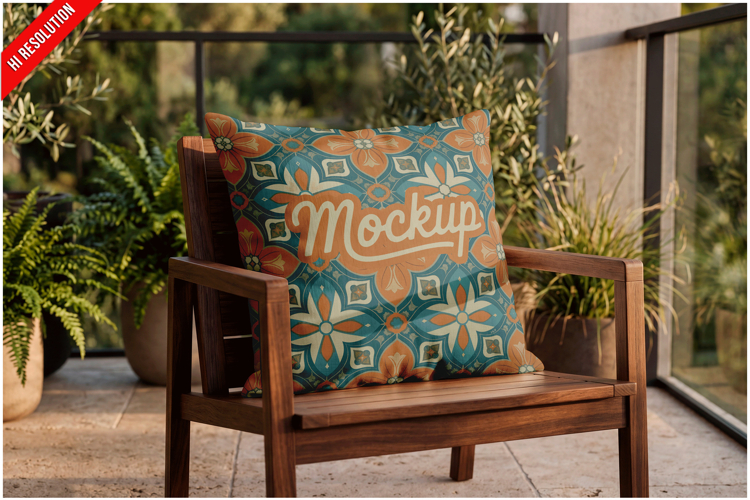 Pillow Mockup Outdoor On Wooden Chai
