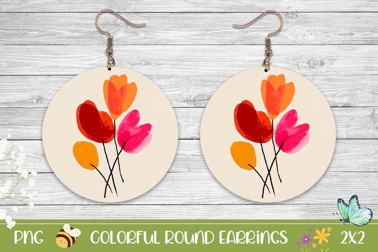 Art Tulips Earrings Print, Floral Round Earrings Design