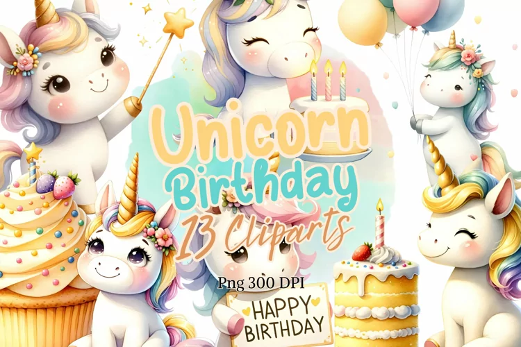 Unicorn birthday clipart watercolor