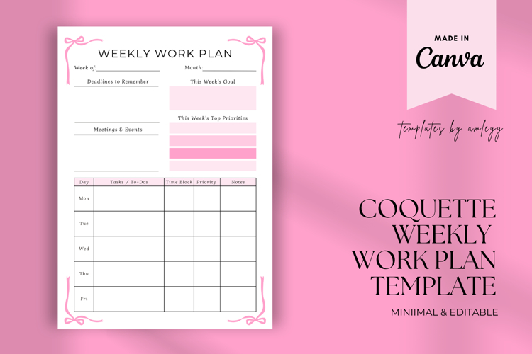 Coquette Weekly Work Plan Template Pink Aesthetic Planner