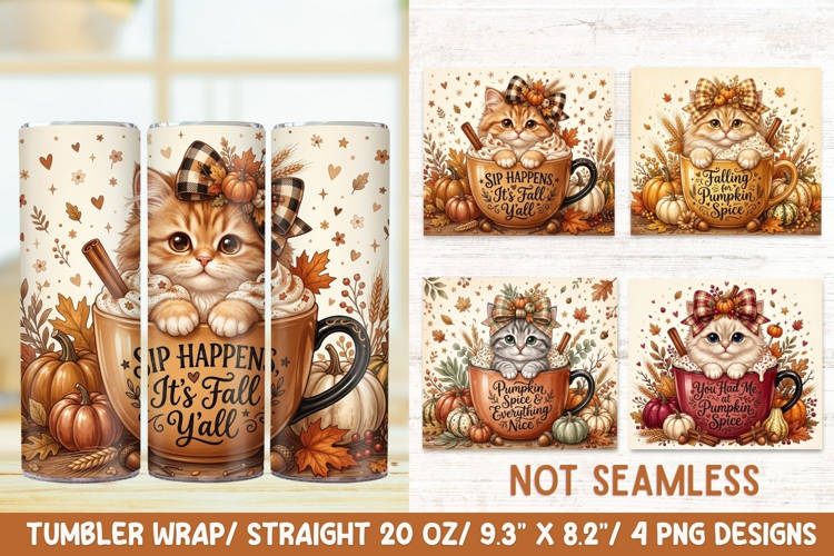 Pumpkin Spice Cat 20 OZ Skinny Tumbler Wrap Sublimation PNG.