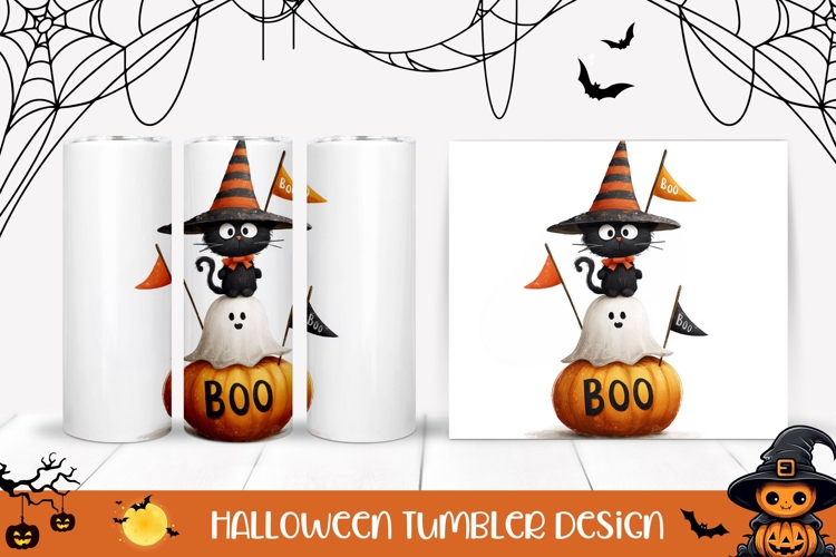 Boo Halloween Cat Tumbler, Cartoon Ghost Tumbler Wrap