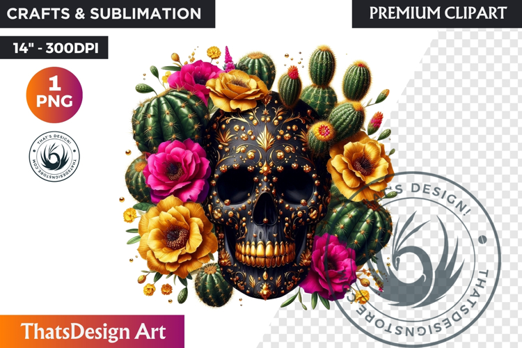 Floral Black Gold Sugar Skull dia de muertos Clipart PNG
