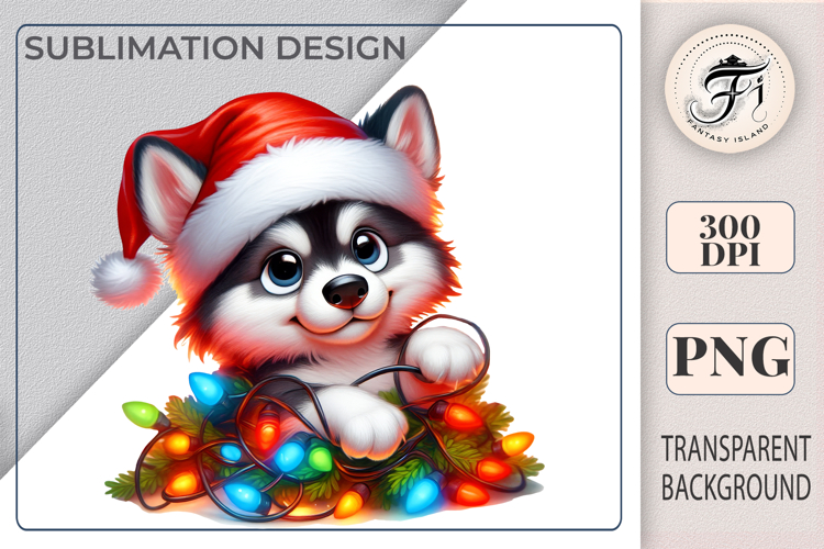 Cute Christmas Wolf Cub Lights Clipart | Santa Hat Puppy PNG
