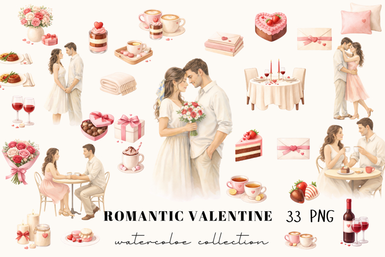 Romantic Valentine Watercolor Clipart Set, Couple Love PNG