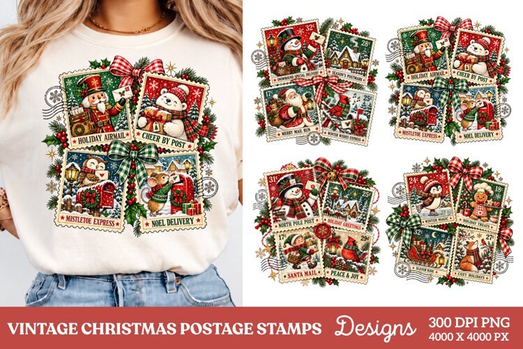 Vintage Christmas Postage PNG, Holiday Airmail Stamp Art PNG example image 1