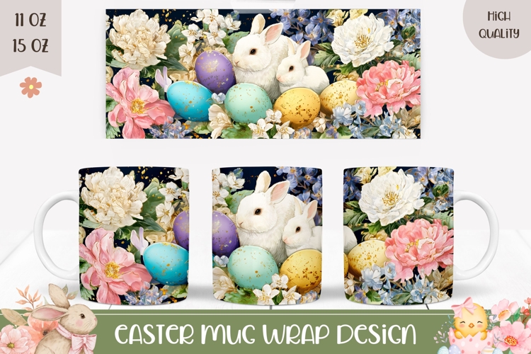Cartoon Easter Bunny Mug, Floral Easter Eggs Mug Template
