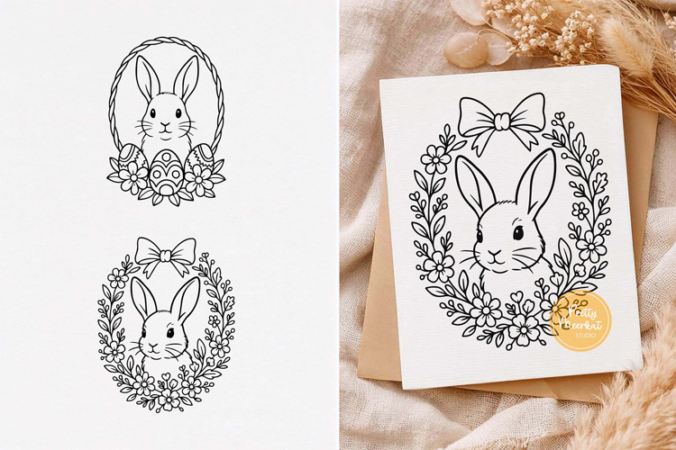Easter Bunny svg, Easter Wreath, Easter svg, Line Art example image 1