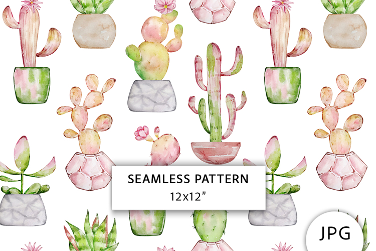 Watercolor Cactus Seamless Pattern