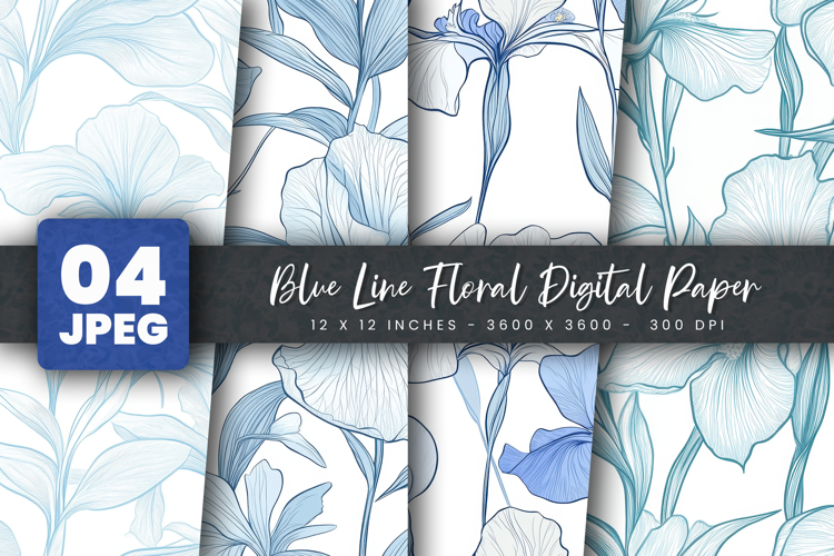 Blue Line Floral Digital Paper